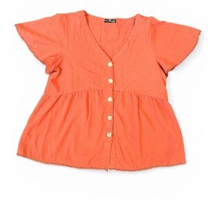 Emery Rose Rust Orange Button Blouse with Lace Trim